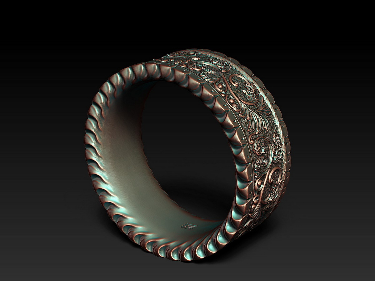 Three-quarter view of the Floral Ring showing the raised border, deeply engraved floral ornament, and smooth inner surface